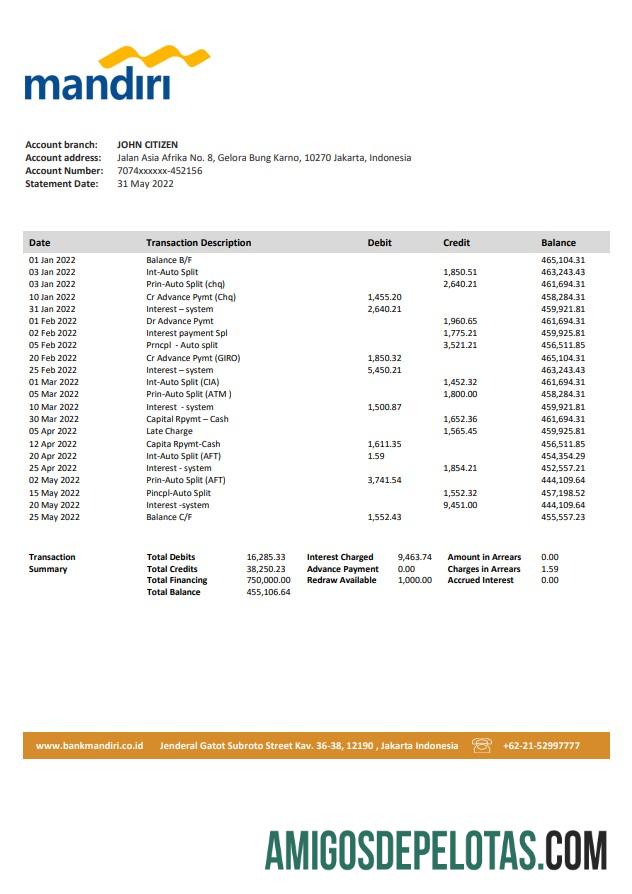 Modelo de extrato bancário Mandiri da Indonésia